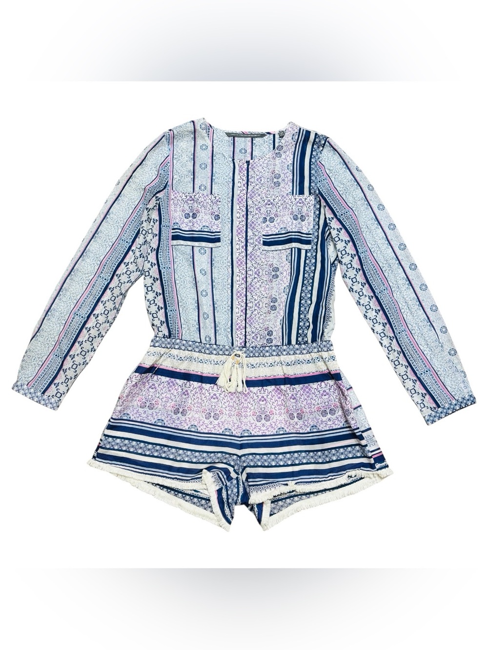 Twelfth Street Cynthia Vincent Cotton Silk Romper M Boho Blue Pink Tassel Fringe - Picture 16 of 16